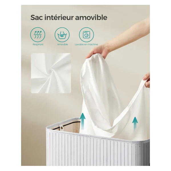 Corbeille Linge Sale en Bambou Gris 100 L Panier à Linge Sale avec Couvercle