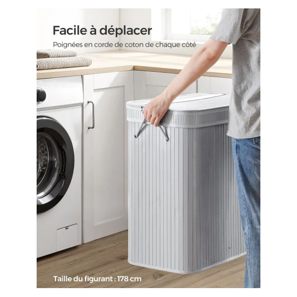 Corbeille Linge Sale en Bambou Gris 100 L Panier à Linge Sale avec Couvercle