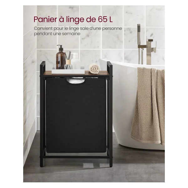 Corbeille à Linge Cadre Acier Panier à Linge avec Etagère Marron Rustique Noir