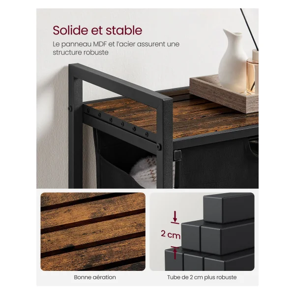 Corbeille à Linge Cadre Acier Panier à Linge avec Etagère Marron Rustique Noir