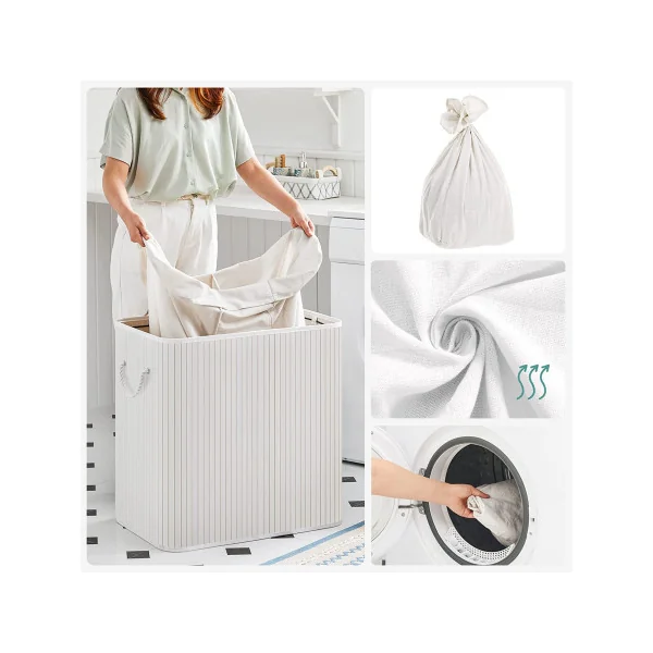 Corbeille à Linge en Bambou Blanc Panier à Linge 3 Bacs