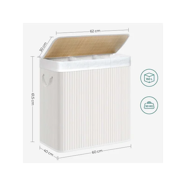 Corbeille à Linge en Bambou Blanc Panier à Linge 3 Bacs