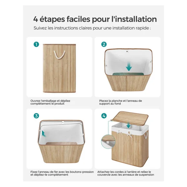 Corbeille à Linge en Bambou Panier à Linge 3 Bacs Boisé