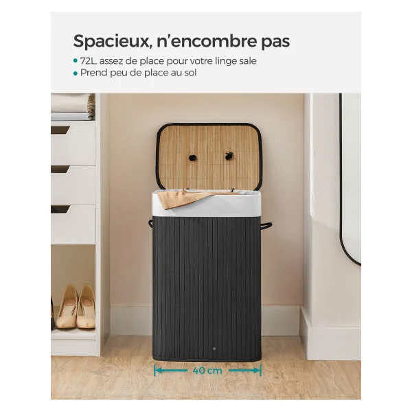 Corbeille à Linge en Bambou Panier à Linge 72L Noir Pliable avec Sac Amovible