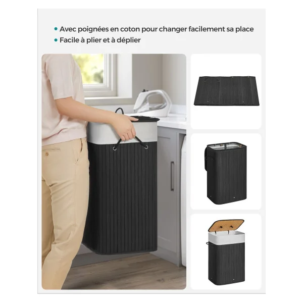 Corbeille à Linge en Bambou Panier à Linge 72L Noir Pliable avec Sac Amovible