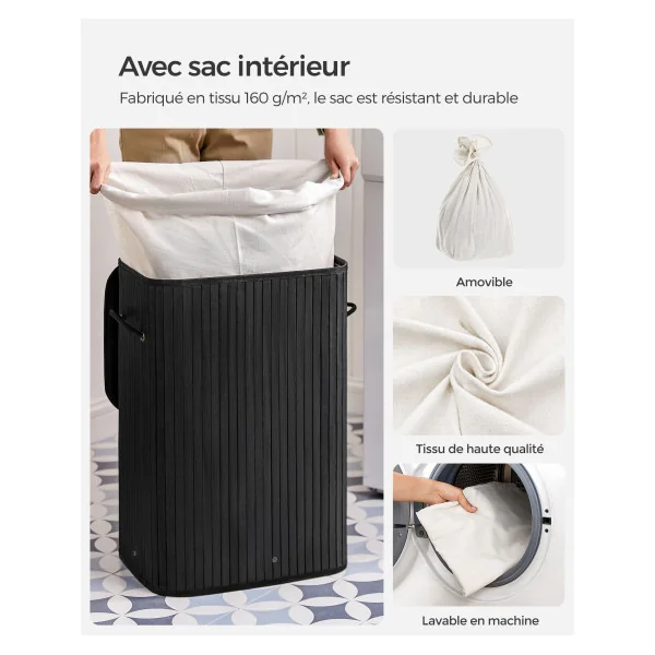 Corbeille à Linge en Bambou Panier à Linge 72L Noir Pliable avec Sac Amovible