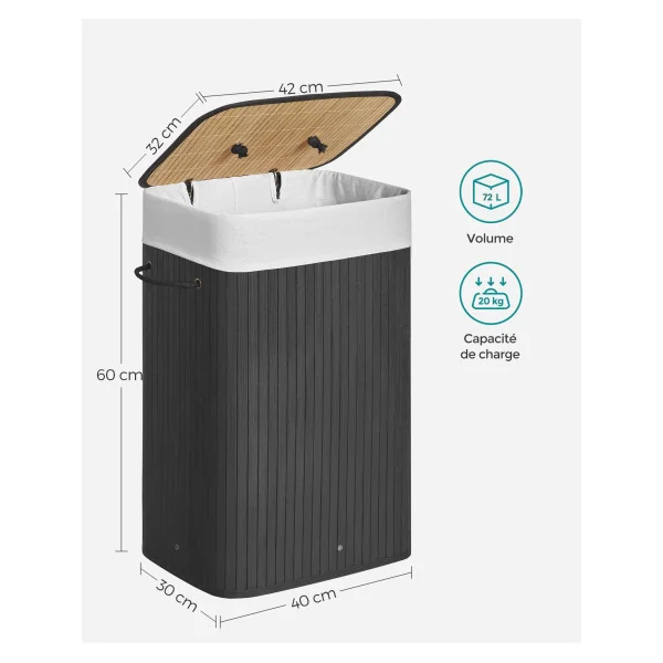 Corbeille à Linge en Bambou Panier à Linge 72L Noir Pliable avec Sac Amovible