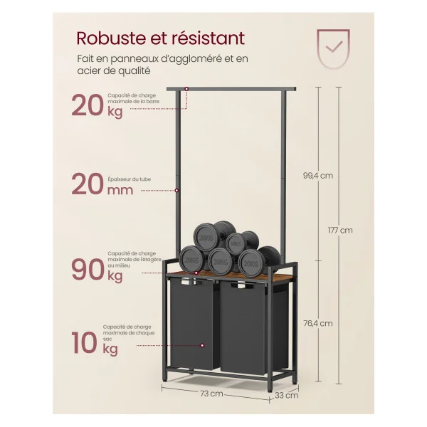 Corbeille à Linge Sale 2 x 46L Panier à Linge Double avec Barre pour Vêtements