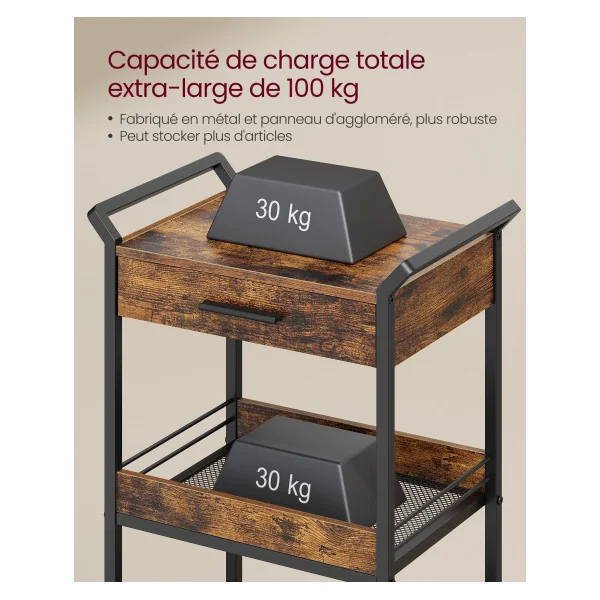 Desserte Cuisine Chariot Rangement 3 Niveaux Mobile avec Frein Marron Rustique et Noir