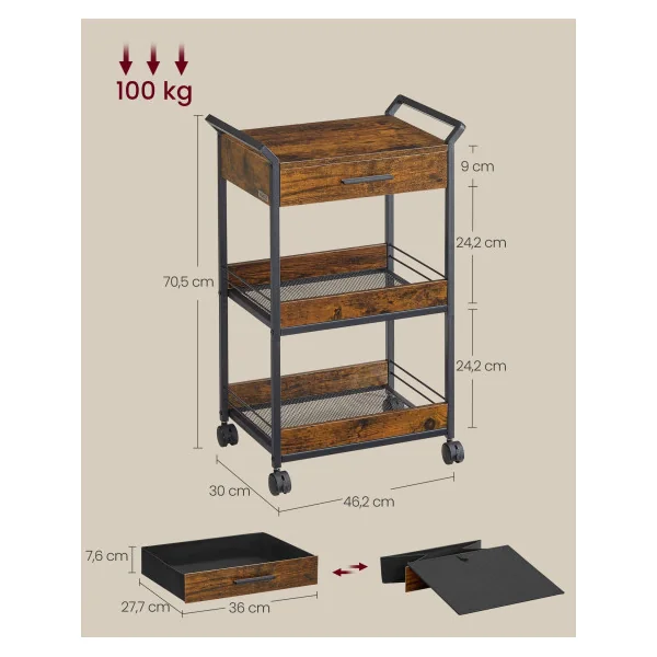 Desserte Cuisine Chariot Rangement 3 Niveaux Mobile avec Frein Marron Rustique et Noir
