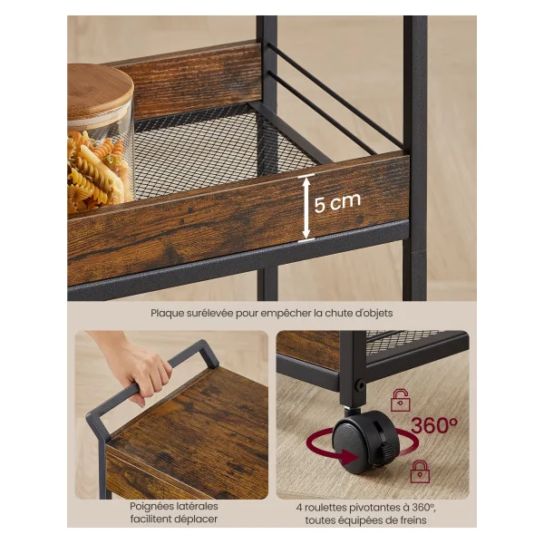 Desserte Cuisine Chariot Rangement 3 Niveaux Mobile avec Frein Marron Rustique et Noir