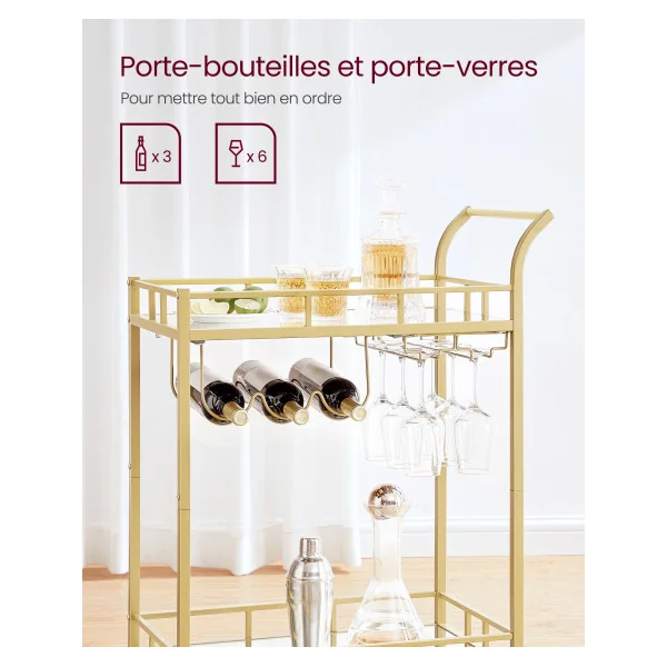 Desserte Cuisine Doré Plateaux en Verre Chariot de Cuisine Mobile pour Boissons