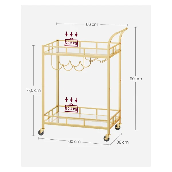 Desserte Cuisine Doré Plateaux en Verre Chariot de Cuisine Mobile pour Boissons