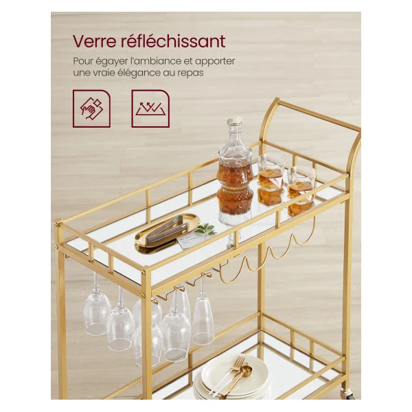 Desserte Cuisine Doré Plateaux en Verre Chariot de Cuisine Mobile