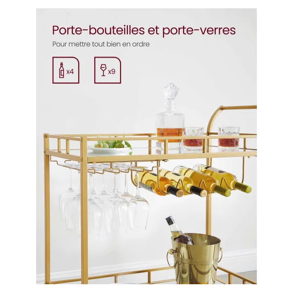 Desserte Cuisine Doré Plateaux en Verre Chariot de Cuisine Mobile