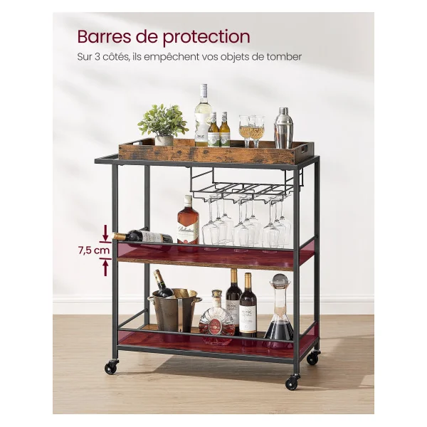 Desserte Cuisine Industriel Plateau Amovible Marron Rustique et Noir Chariot de Cuisine Mobile