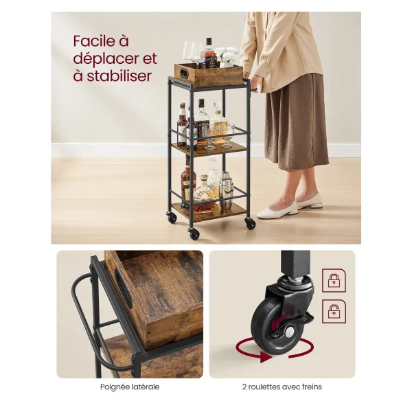 Desserte de Cuisine 3 Niveaux Style Industriel Servante Mobile Cadre Acier Marron Rustique Noir