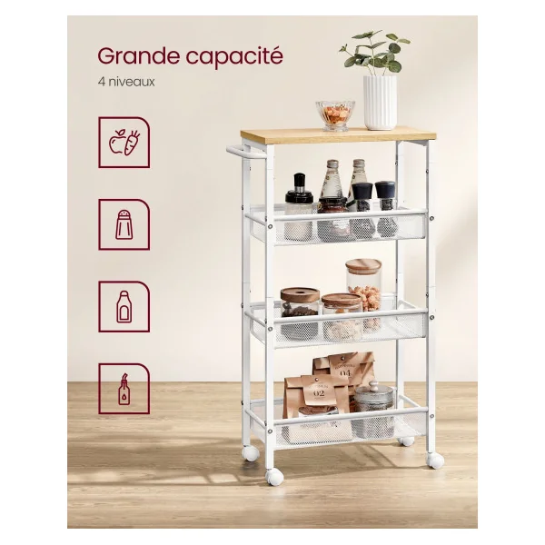 Desserte de Cuisine 4 Niveaux en Acier Blanc Plateau Beige Chêne