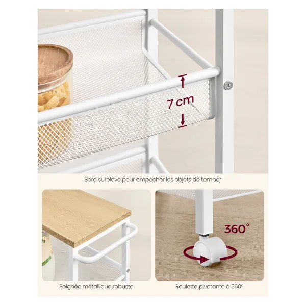 Desserte de Cuisine 4 Niveaux en Acier Blanc Plateau Beige Chêne