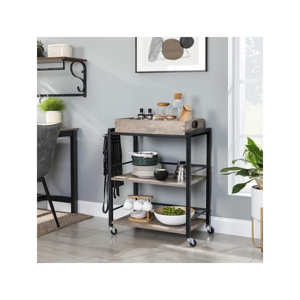 Desserte de Cuisine avec Plateau Amovible Grège et Noir Chariot de Cuisine Mobile