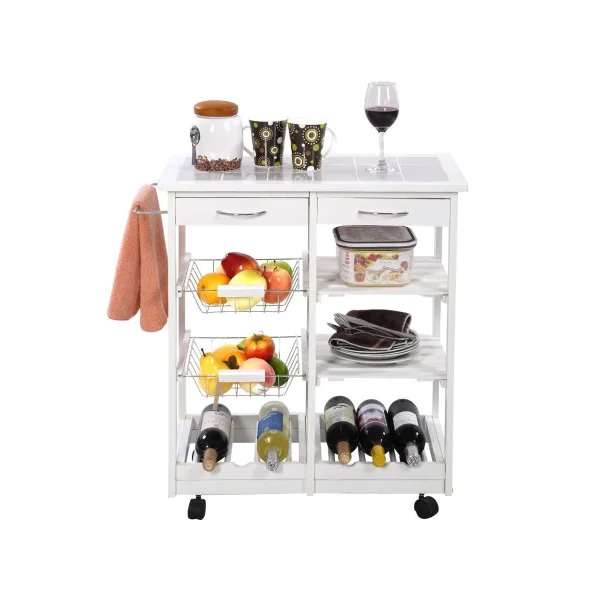 Desserte de Cuisine Blanche Mobile Chariot de Service Étagères et 2 Tiroirs en Bois de Pin Servante Cuisine