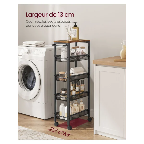 Desserte Marron Rustique et Noir 5 Niveaux Étagère de Cuisine Chariot avec Roulettes