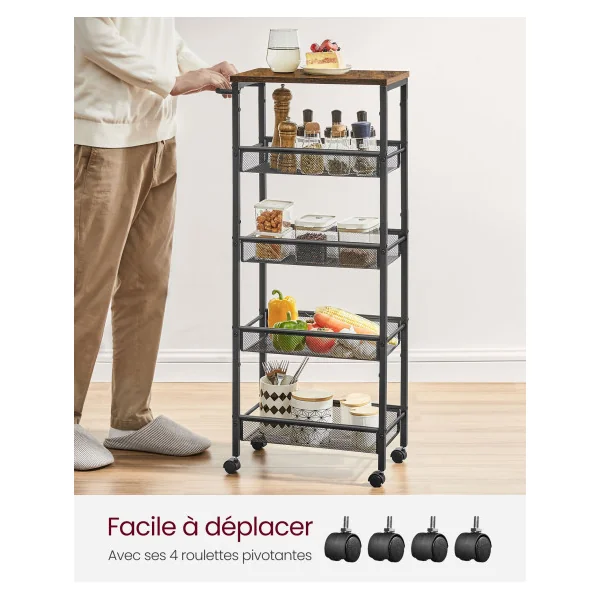 Desserte Marron Rustique et Noir 5 Niveaux Étagère de Cuisine Chariot avec Roulettes