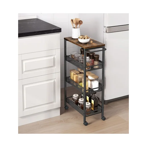 Desserte Marron Rustique Noir 4 Niveaux Étagère de Cuisine Chariot avec Roulettes
