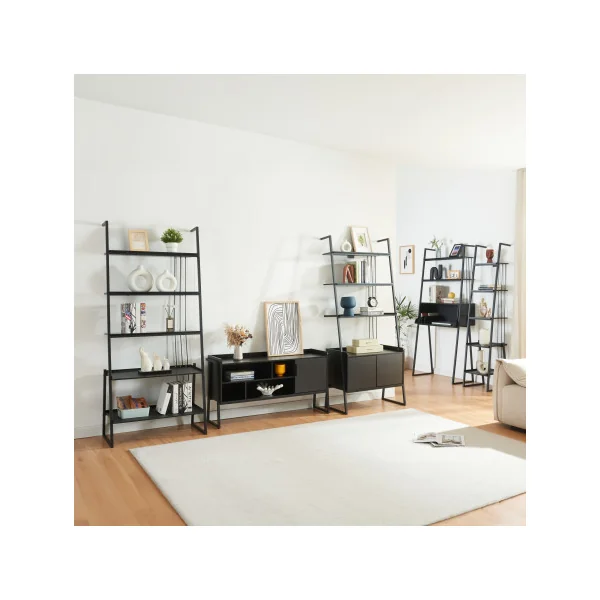 Ensemble de Meubles Noir avec Bureau et Etagères 5 Niveaux Meuble TV Style Industriel