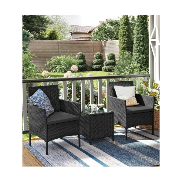 Ensemble de Mobilier Résine Tressée Noir Salon de Jardin Extérieur Noir et Gris Foncé