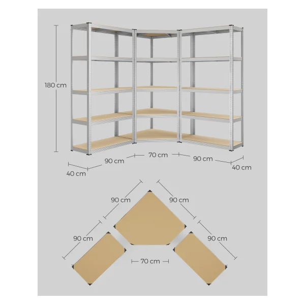 Ensemble d’Etagères d’Angle à 5 niveaux 180x180x180 cm en Acier Rack Rangement