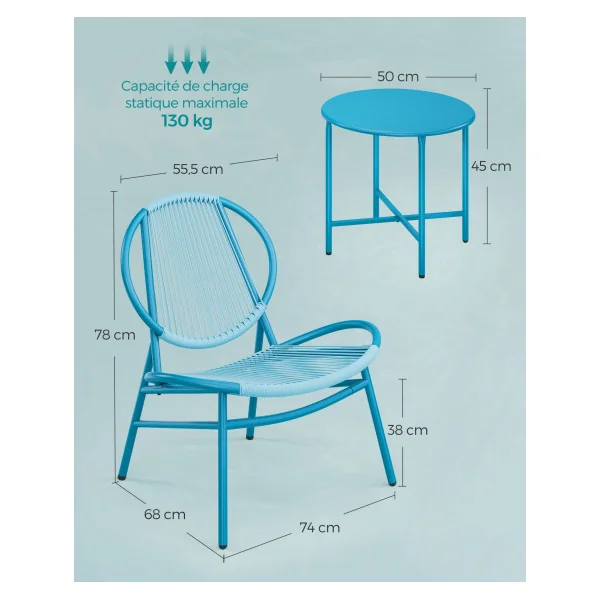 Ensemble Salon de Jardin 3 Pièce Bleu 1 Table 2 Chaises Mobilier d’Intérieur et d’Extérieur