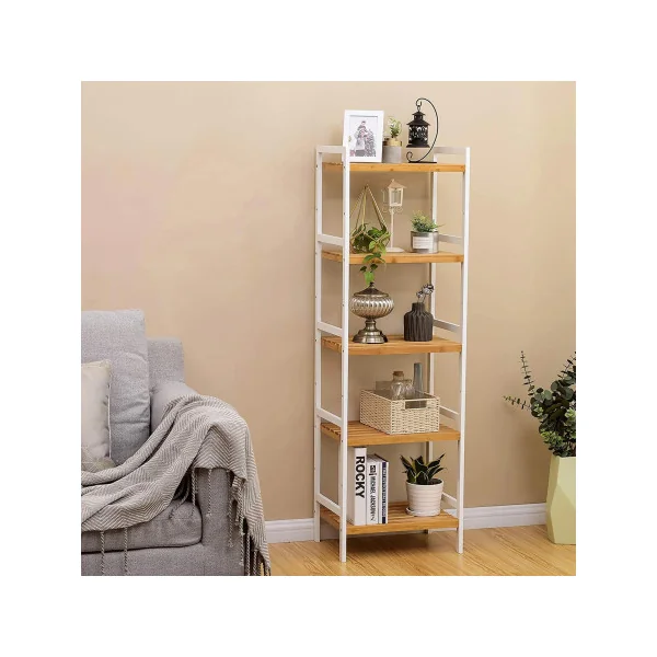 Etagère 5 Tablettes Bambou Structure Acier Blanc Meuble de Rangement pour Salle de Bain
