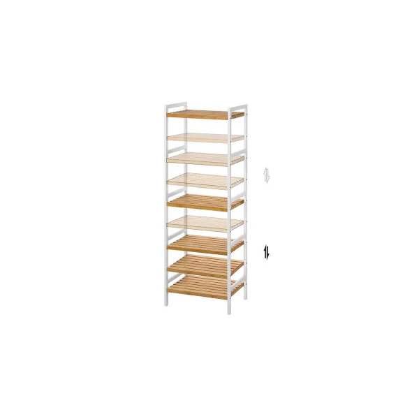 Etagère 5 Tablettes Bambou Structure Acier Blanc Meuble de Rangement pour Salle de Bain