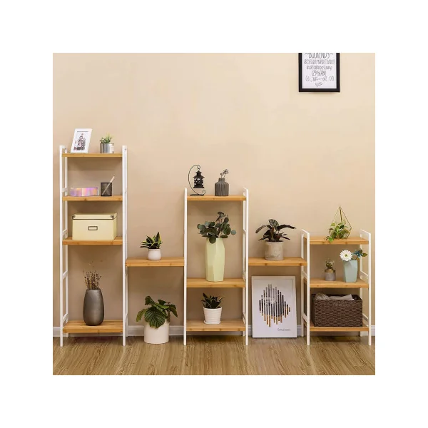 Etagère 5 Tablettes Bambou Structure Acier Blanc Meuble de Rangement pour Salle de Bain