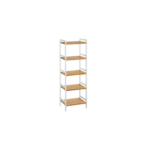 Etagère 5 Tablettes Bambou Structure Acier Blanc Meuble de Rangement pour Salle de Bain
