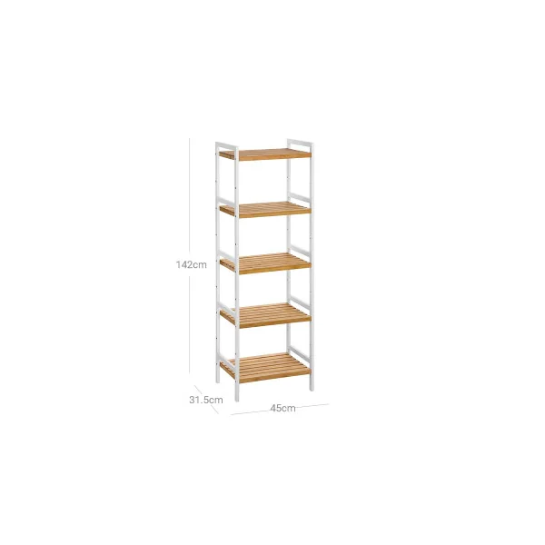 Etagère 5 Tablettes Bambou Structure Acier Blanc Meuble de Rangement pour Salle de Bain
