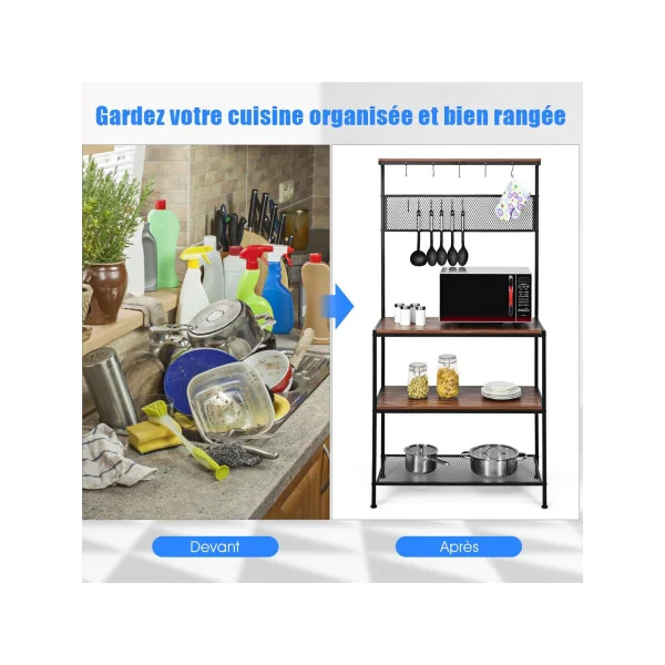 Etagère de Rangement Cuisine Industrielle Marron Rustique et Noir Meuble Rangement Etagères Réglables Micro Ondes