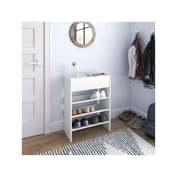 Etagère à Chaussures Blanc 3 Niveaux 1 Tiroir Rangement Meuble d'Entrée