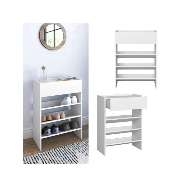 Etagère à Chaussures Blanc 3 Niveaux 1 Tiroir Rangement Meuble d'Entrée