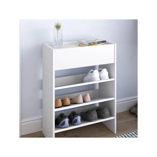 Etagère à Chaussures Blanc 3 Niveaux 1 Tiroir Rangement Meuble d'Entrée