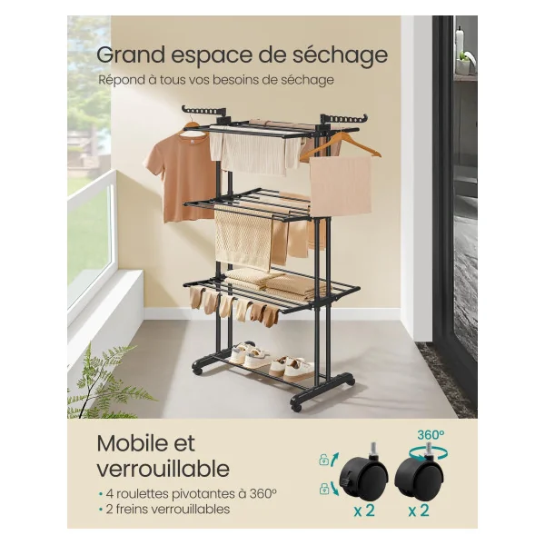 Etendage à Linge Noir Étendoir à Linge à 4 Niveaux 128 x 63,5 x 173 cm