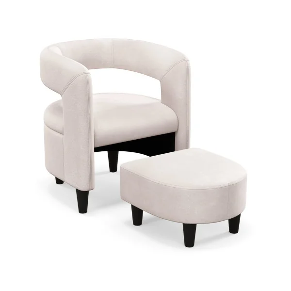 Fauteuil et Pouf Velours avec Repose-pieds Beige