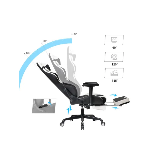 Fauteuil Gaming Repose-pieds Noir Blanc Chaise de Bureau Gamer