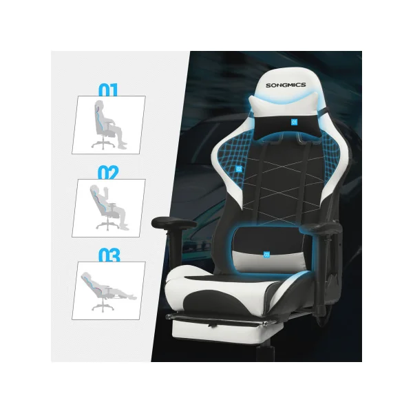 Fauteuil Gaming Repose-pieds Noir Blanc Chaise de Bureau Gamer