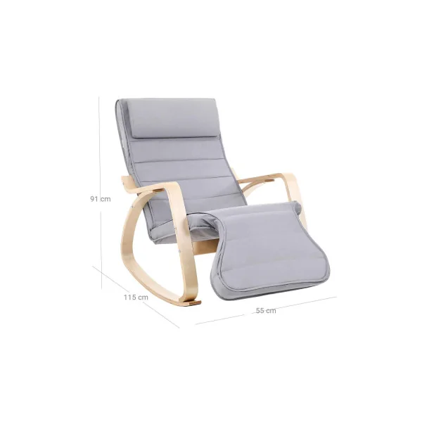 Fauteuil à Bascule Gris Rocking Chair avec Repose-Pied Réglable 5 Niveaux
