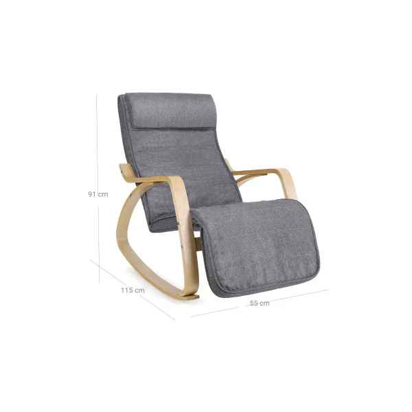 Fauteuil à Bascule Gris Rocking Chair avec Repose-Pied Réglable en 5 Niveaux