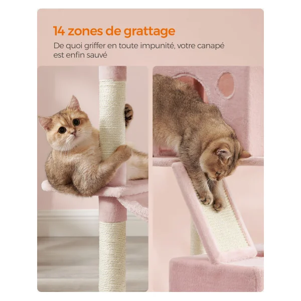 Grand Arbre à Chat 206 cm Rose Bonbon Multi-Niveaux 13 Griffoirs Tour de Jeu Chat
