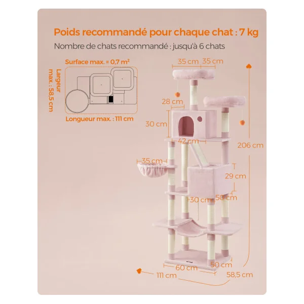 Grand Arbre à Chat 206 cm Rose Bonbon Multi-Niveaux 13 Griffoirs Tour de Jeu Chat