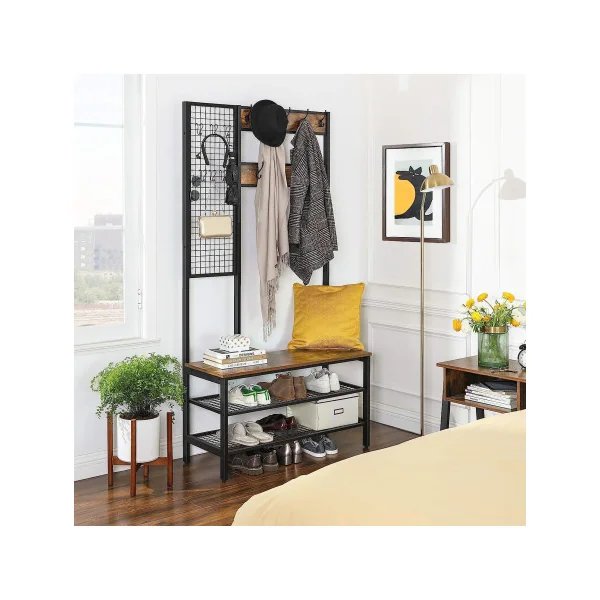 Grand Porte-Manteaux Marron Rustique Noir Meuble d’entrée avec Etagère à Chaussures